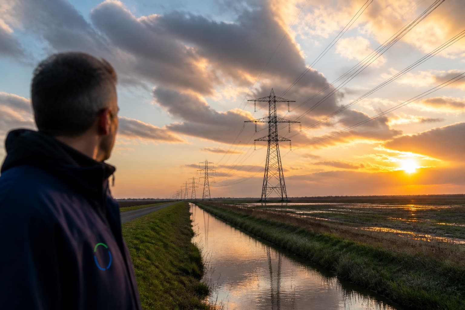 Hoogspanningsmasten in het Nederlandse landschap bij zonsondergang